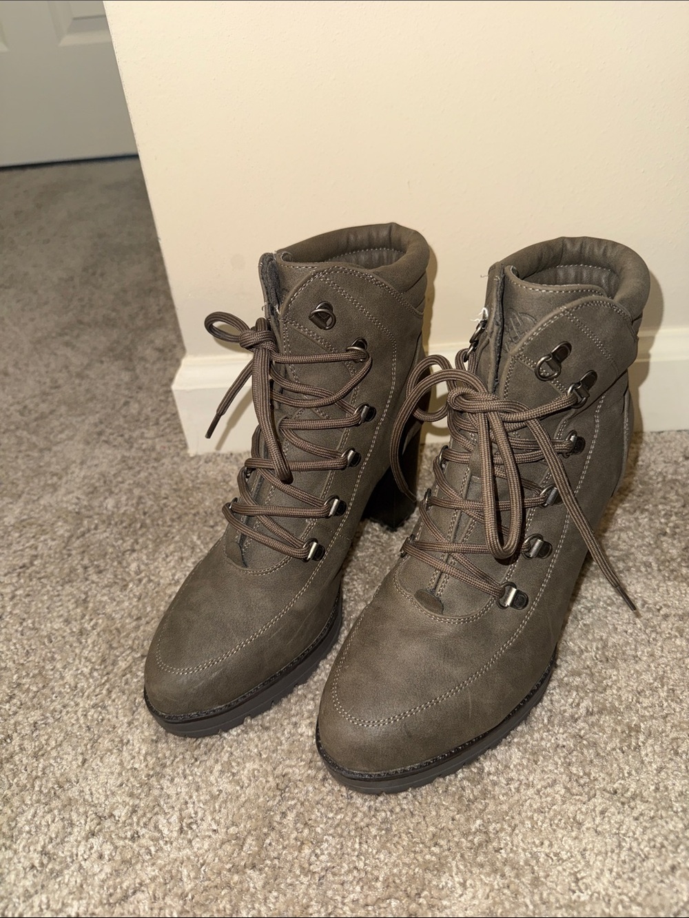 DKNY Olive-Taupe Lace-Up Heeled Ankle Boots